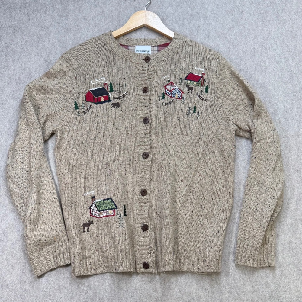 Breckenridge Vintage Embroidered Cabin Moose Cardigan Sweater Tan M Grandmacore
